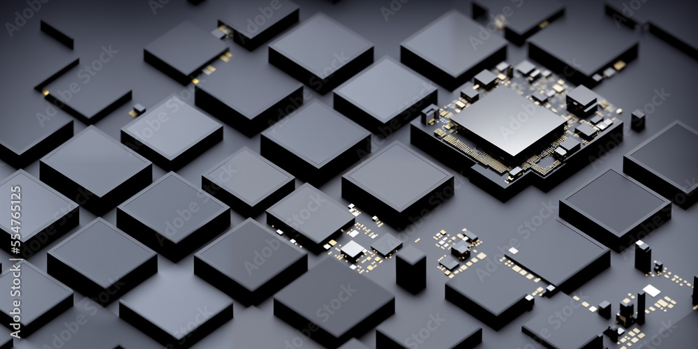 Poster a technology background featuring a close-up of a single cpu unit with black computer chips on a bla