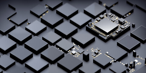 A technology background featuring a close-up of a single CPU unit with black computer chips on a black background and glistening gold transistors. high-tech electronic aesthetic. Generative AI - obrazy, fototapety, plakaty