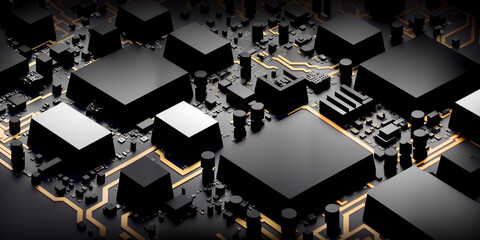 A sleek and modern technology background featuring a close-up of black computer chips on a black PCB board with gold circuitry, creating a high-tech and luxurious electronic aesthetic. Generative AI - obrazy, fototapety, plakaty
