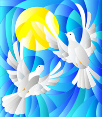 Obraz premium An illustration in the style of a stained glass window with a pair of flying pigeon against the background of the sun and blue sky