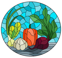 An illustration in the style of a stained glass window with a composition of ripe fresh vegetables on a table on a blue background, oval image