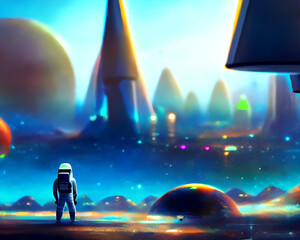 An astronaut on an exoplanet in a distant galaxy