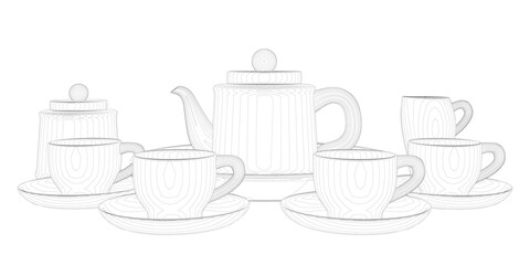 Outline of tea set with cups and teapot from black lines isolated on white background. Front view. 3D. Vector illustration.