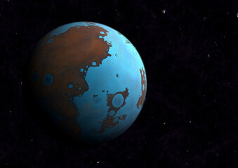Distant alien planet with ocean of blue water, 3D illustration