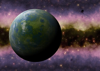 Distant alien planet with green vegetation and galaxy with billions of stars illustration