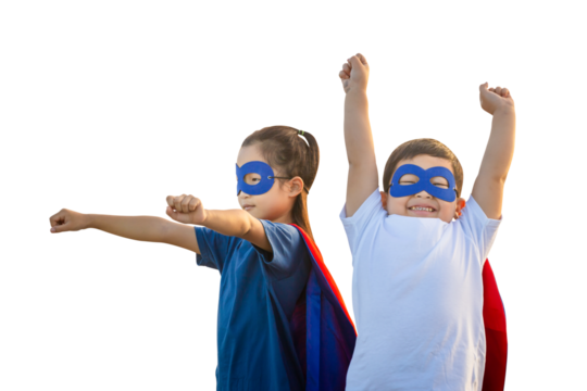 Superheroes kids friends having fun outdoor, Brother and sister playing outdoors, boy and girl playing outdoor