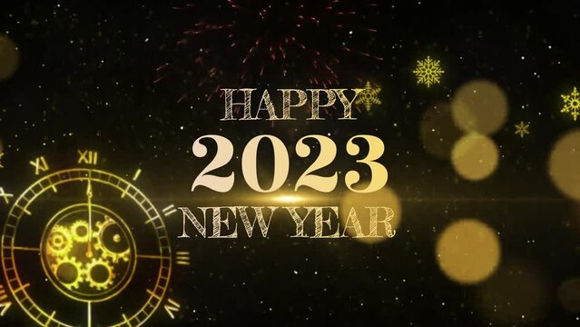 2023 happy new year text effect Trailer Title Animation Cinematic gold sparkling text flashing on black background.

