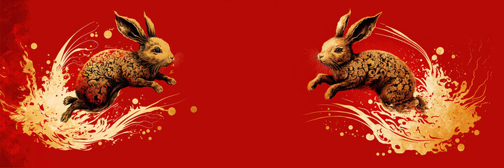 2023 chinese new year and spring festival, year of the rabbit banner and greeting card template with water rabbit, red and gold wallpaper, abstract oriental background, generative AI