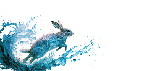 2023 chinese new year and spring festival, year of the rabbit banner and greeting card template with water rabbit, blue and white wallpaper, abstract oriental background, generative AI