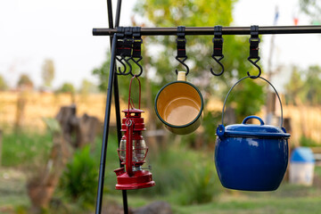 camping tools Hanged on a steel railing outdoor
