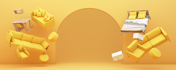interior design concept Sale of home decorations and furniture During promotions and discounts, it is surrounded by beds, sofas, armchairs and advertising spaces banner. yellow background. 3d render