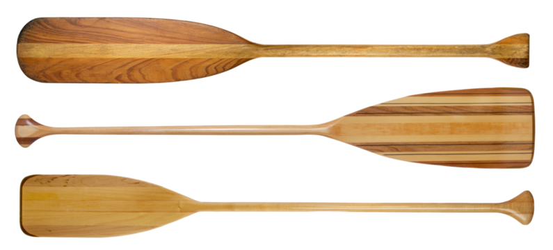 three traditional wooden canoe paddles with different shape of blades, transparent background