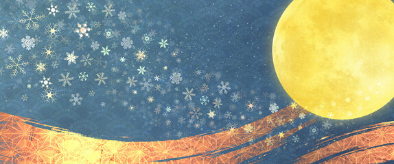 和紙背景に満月とキラキラ結晶　金の筆ライン