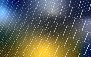 Repetitive walls of solar cell panels make perspective background. Blue clean energy and...