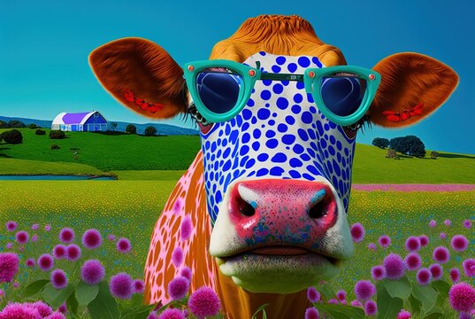 Cool hippie cow with sunglasses and funny eyes for the latest colorful rural farm fashion - flower power fashionista cartoon stylized art.