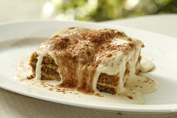 Creamy coffee tiramisu cake square on a white plate