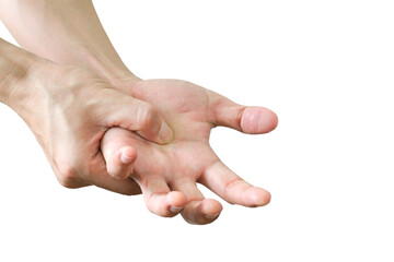 Man's hand. He massaged his hand and had finger pain. Locked fingers from work and office syndrome on a white background medical concept