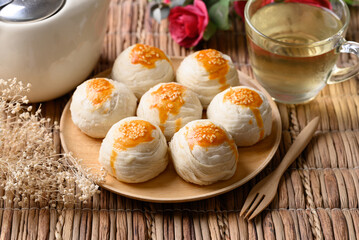 Chinese pastry moon cake, Traditional dessert celebrating in Chinese festival mid autumn or new year