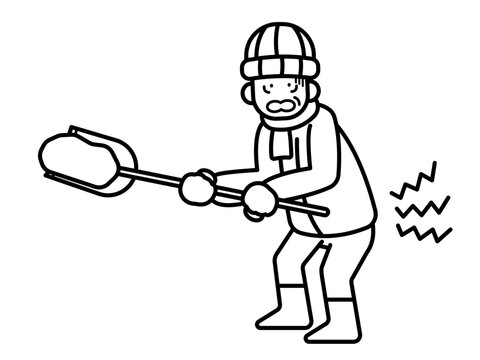recommend clip art: 除雪中に腰を痛める高齢者のイラスト　線画のみ