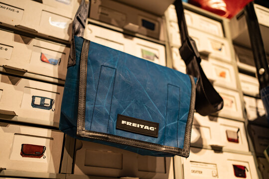 Bangkok, Thailand - December 11, 2022: Freitag bags are made from used truck tarps.