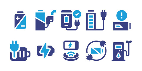 Charging icon set. Duotone color. Vector illustration. Containing charge, battery, phone charger, socket, charged, battery charge, mobile, battery status, energy.