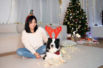 Happy woman enjoy playing with cute friend border collie dog at cozy home in christmas time. Young...