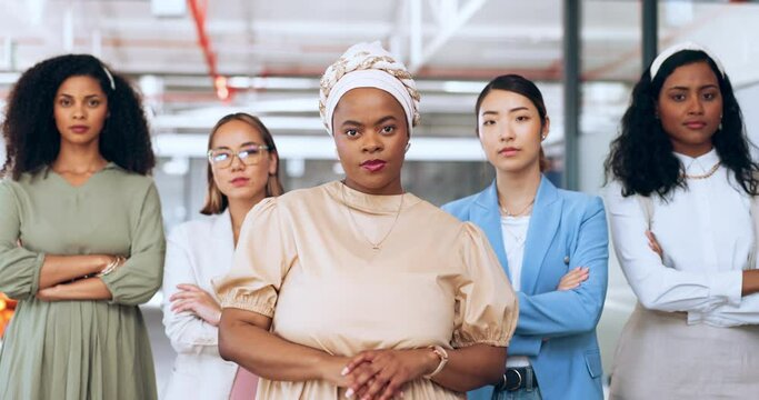 Creative business woman, team leadership and arms crossed for empowerment, confidence and management. Group portrait of confident executive women employee workers standing crossed arms for startup