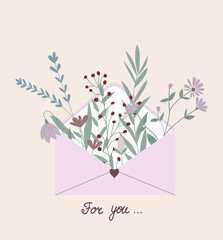 Hand drawn bouquet of wildflowers in an envelope. Gentle vector illustration. Creative greeting card design. Spring flowers in a letter with a phrase for you. Cute greeting card design.
