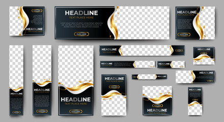 Black and gold Banner templates set with standard size for web. Business banner with place for photos for Social Media, Cover ads banner, flyer, invitation card.