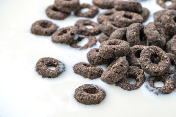 Chocolate flakes in milk in the form of rings close-up