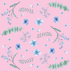 Flowers and leaves painted in watercolor on a pink background. seamless pattern