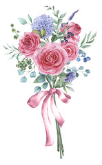 Bouquet of watercolor rose flowers tied with satin ribbon