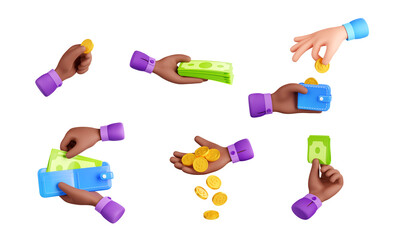 3d render black hand with money isolated icons set. Concept of payment, savings, transaction with african businessman palms holding wallet, coins and bills. Illustration in cartoon plastic style