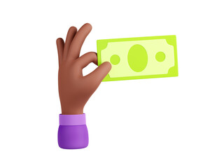 3d render black hand with paper bill, african businessman palm holding money, donate, buying or paying. Finance, investment, currency exchange concept, isolated Illustration in cartoon plastic style