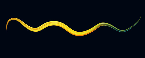 Yellow twisted brush stroke 3d. Bright ribbon,  dynamic curve. Fluid shapes, dye. Movement, energy, artistic line, curl. Wave, fluide shape flow, abstract line, curved shape.  Vector illustration.