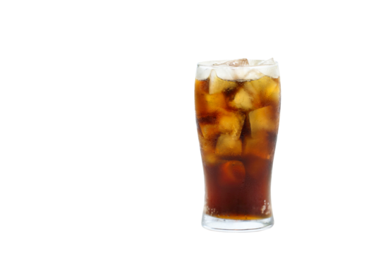 Cola in glass with ice on transparent background.