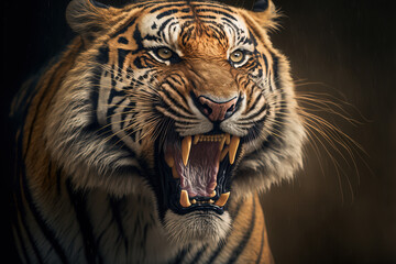 Close Up Portraits of roaring Bengal Tiger. Digital artwork