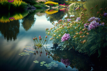 Quiet pond full of flowers. Flowery Garden lake at sunny day. Digital artwork