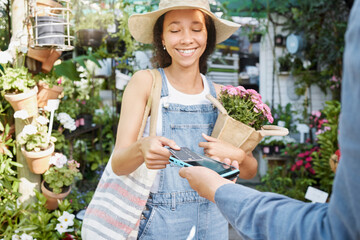 Payment, flower shopping and woman at a nursery, credit card tapping and machine for ecology at a...