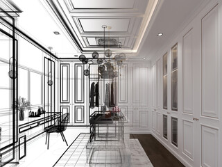 sketch design of interior walk-in closet room, 3d rendering