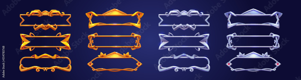 Poster empty rectangle frames for game banners and buttons. silver and gold borders with swirls and fantasy
