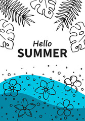 Hand drawn summer poster with tropical leaves. Summer holidays cards.