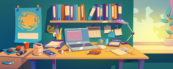 Messy desk with laptop, papers and dirty cups. Contemporary vector illustration of untidy accountants work space in office, clutter workplace with empty mug, crumbled snacks, documents around computer