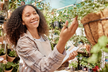 Plant, nursery and woman worker with checklist doing quality assurance on farming stock. Sustainability, small business and growth, happy florist startup manager in commercial garden checking plants.