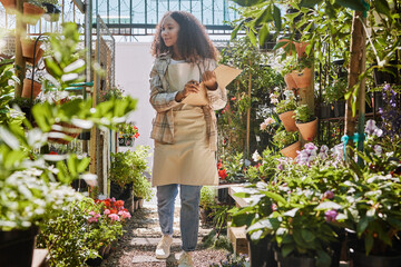 Store, flowers or black woman with checklist for quality control or quality assurance monitoring...