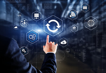 Businessman pressing button on touch screen interface select Update. Icon