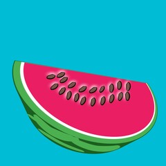 illustration of a watermelon that has been cut, so that it looks red and the seeds are black, with a blue background, this fruit is for dessert.