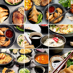 Collage made of assorted Asian dishes and snacks.