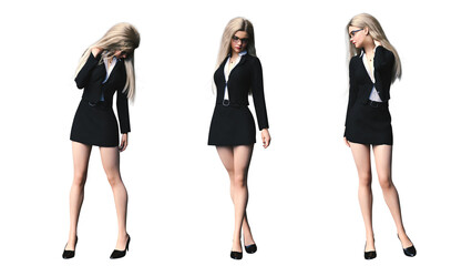 3d illustration. Beautiful business woman standing in different poses wearing office formal outfit.