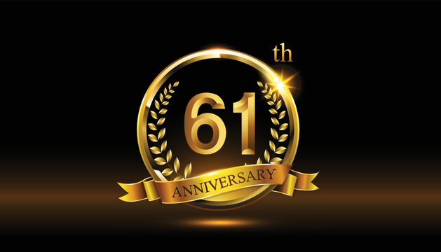 61th anniversary logo with golden ring, confetti and Gold ribbon isolated on elegant black background, sparkle, vector design for greeting cath and invitation cath